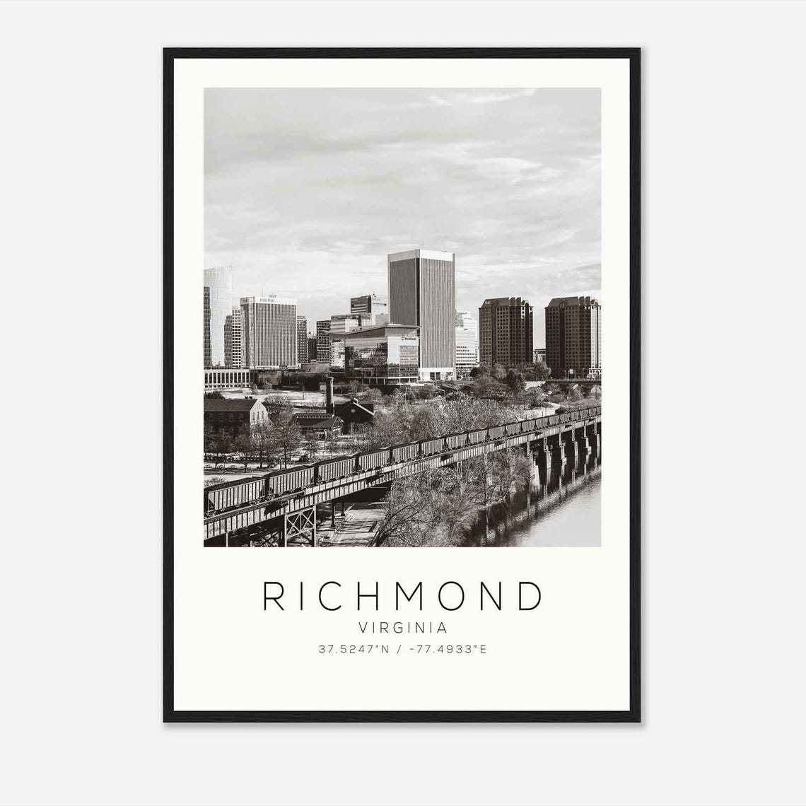Richmond Virginia Railroad Trestle Skyline Black and White Poster