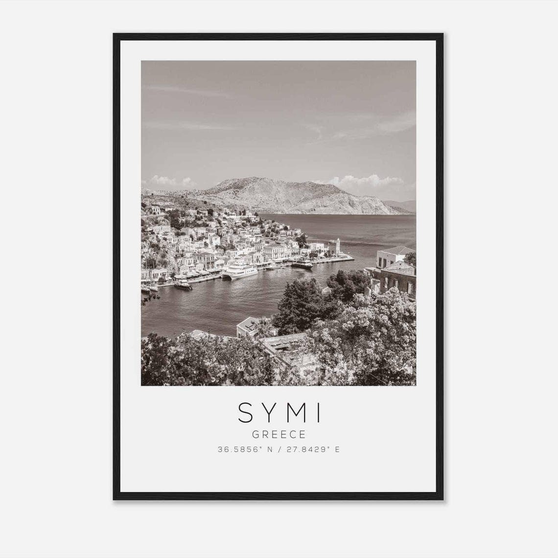 Symi Greece Aegean Harbor Island Town Black and White Photo Poster