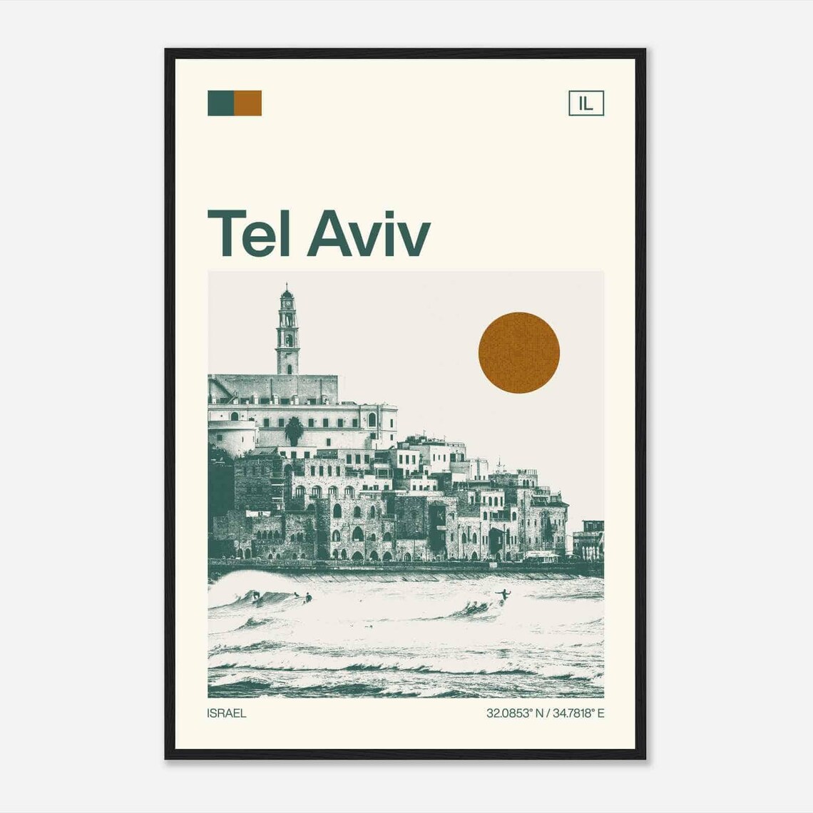 Tel Aviv Israel Old Jaffa Coast Surfers Vintage Travel Poster