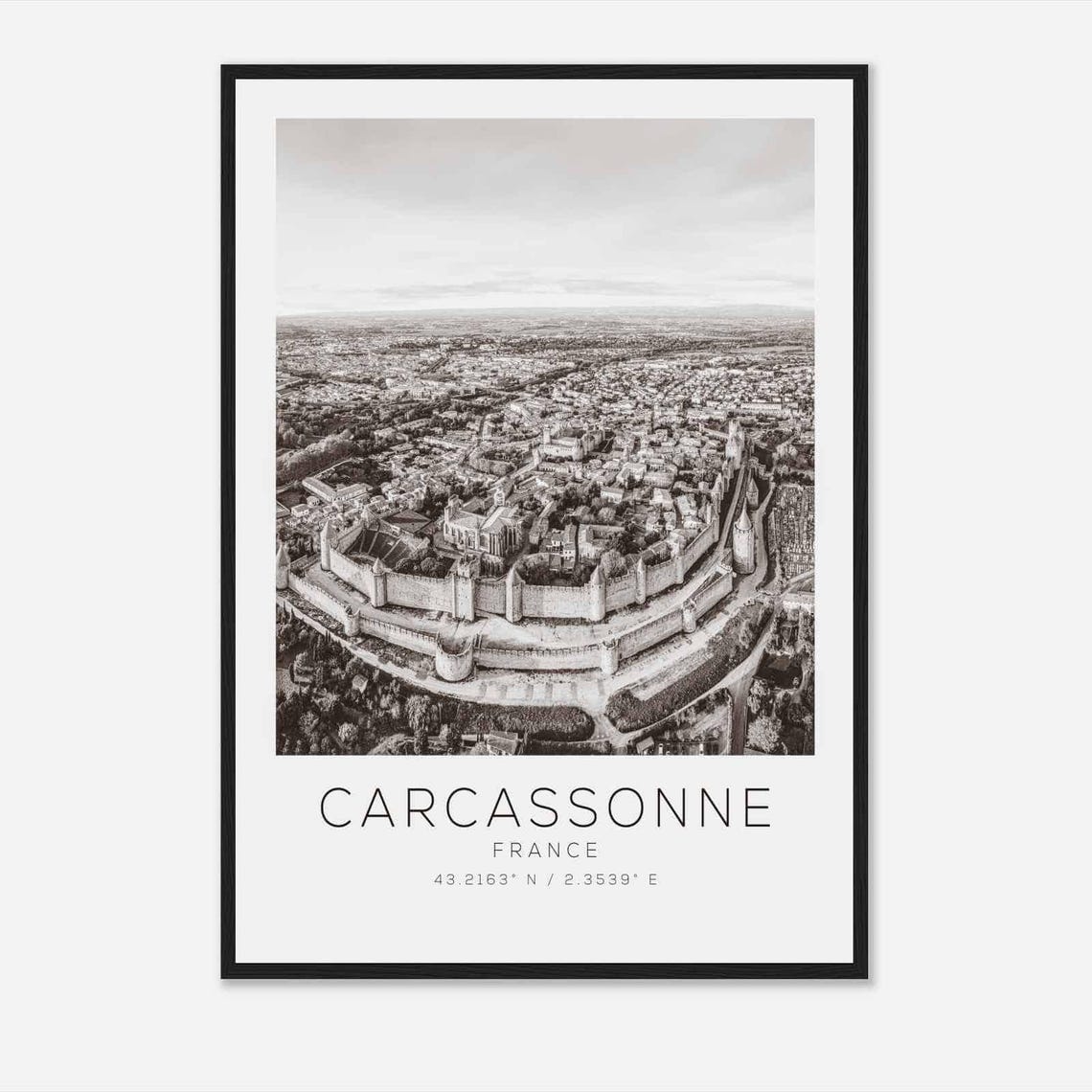 Carcassonne France Medieval Walled City Aerial Black and White Poster