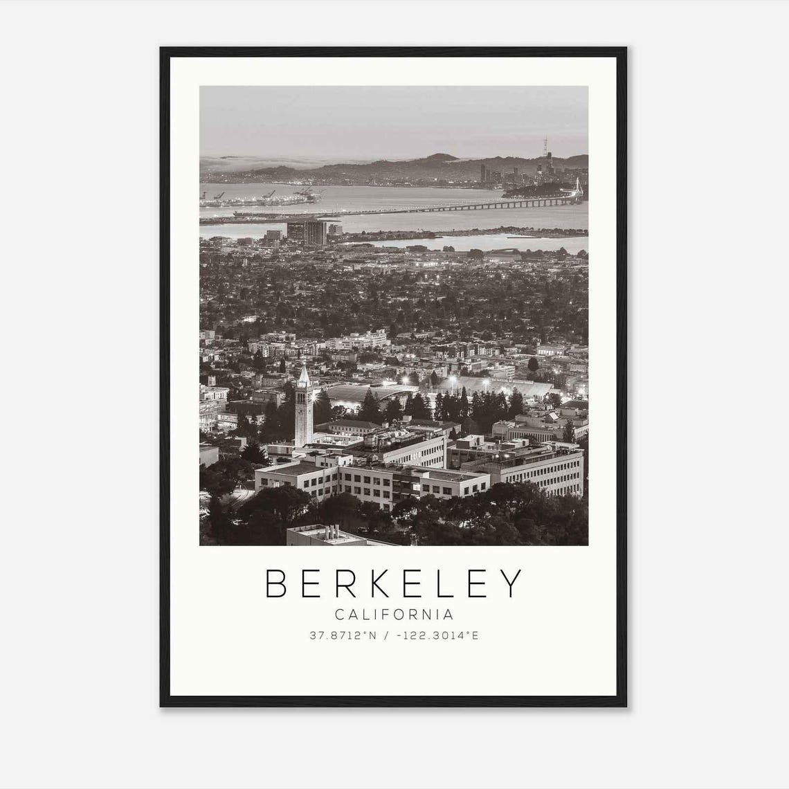 Berkeley California Campanile Tower Bay View Black White Travel Poster