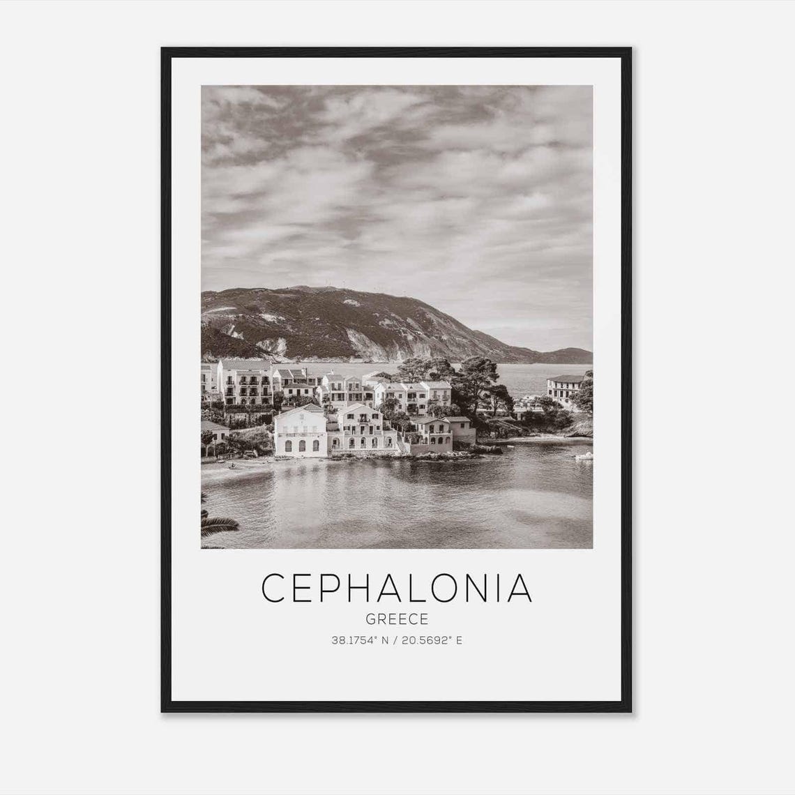 Cephalonia Greece Seaside Village Bay Black and White Travel Poster