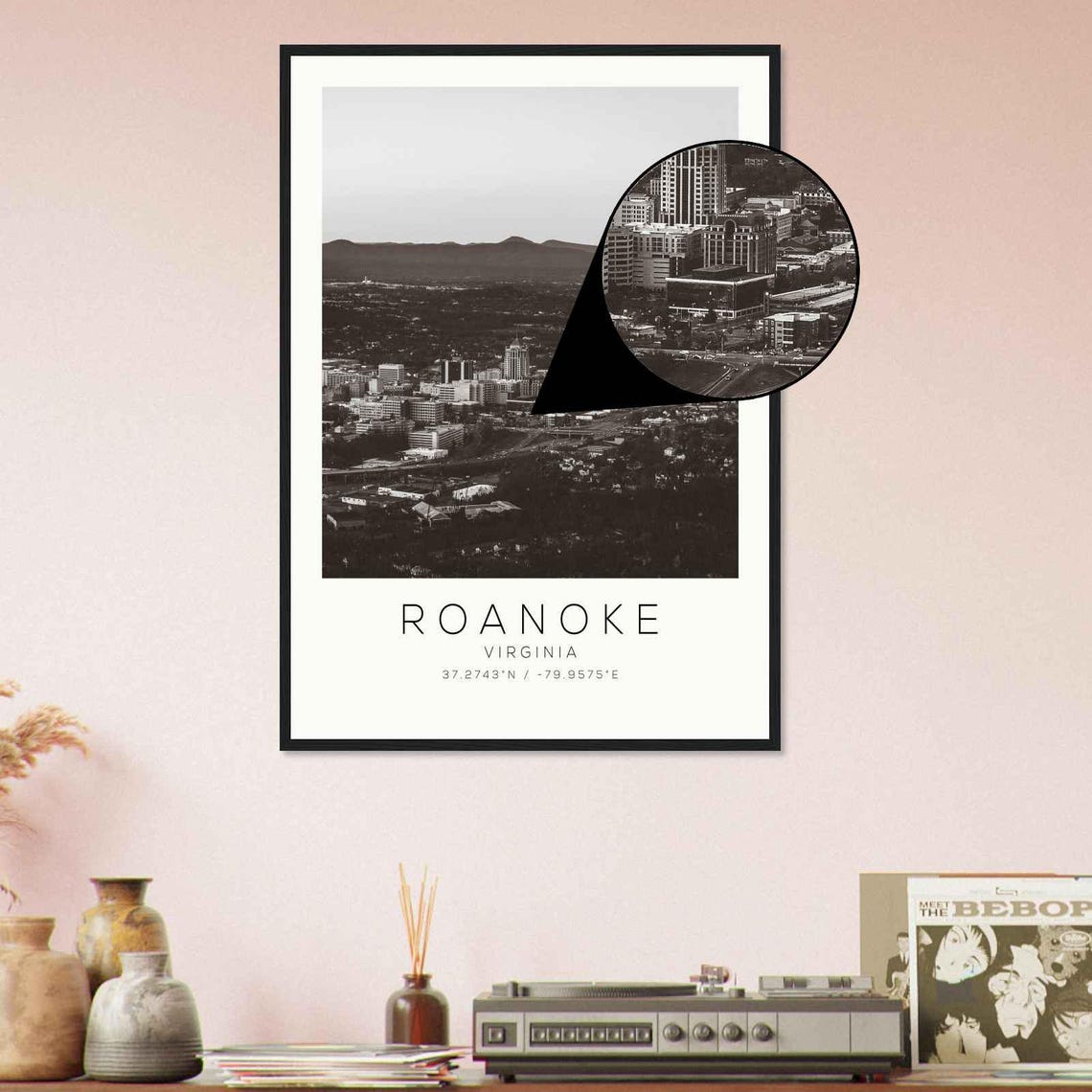 Roanoke Virginia Dusk Skyline Mountain Black and White Photo Poster - Image 4