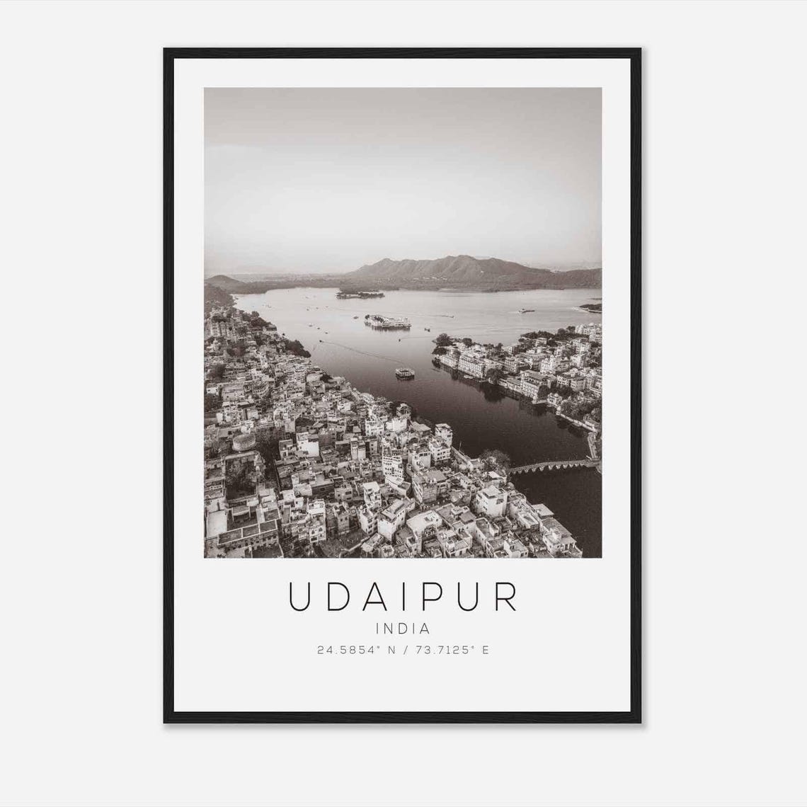 Udaipur India Lake Pichola Aerial Palaces Black White Poster