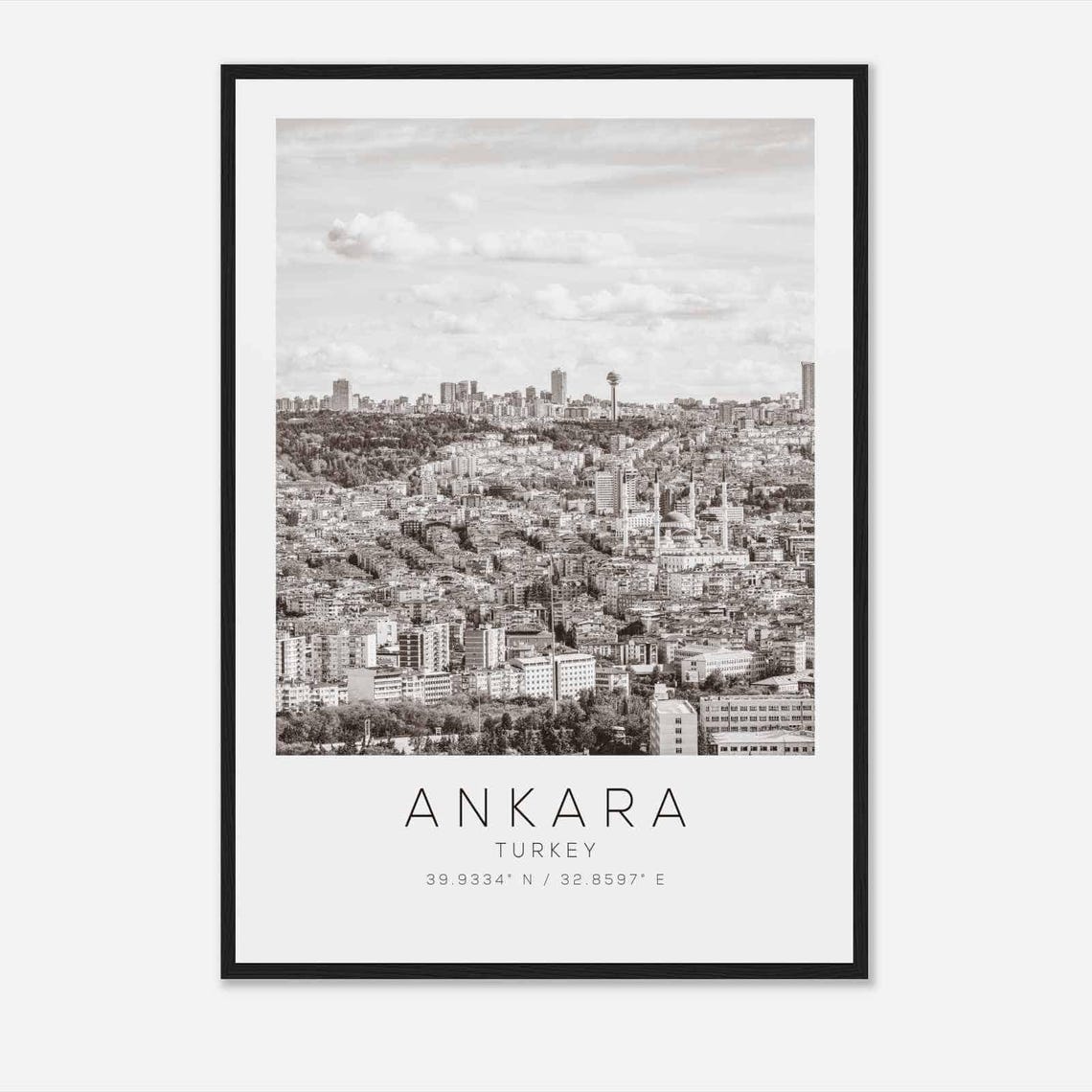 Ankara Turkey Black White City Skyline Panorama Capital Travel Poster