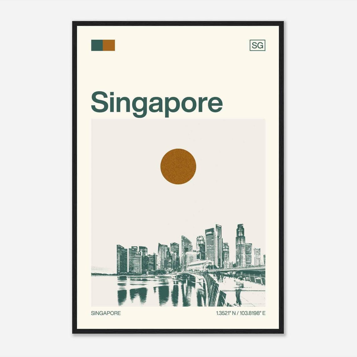 Singapore Marina Bay Skyline Waterfront Sun Duotone Travel Poster