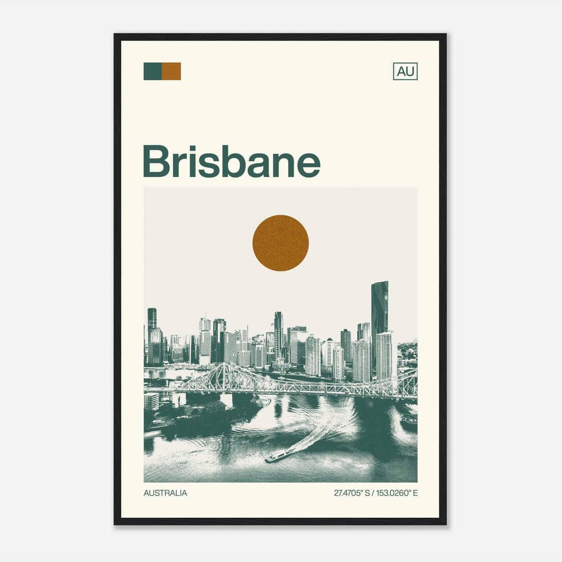 Brisbane Australia Teal Duotone Story Bridge Skyline Art Poster