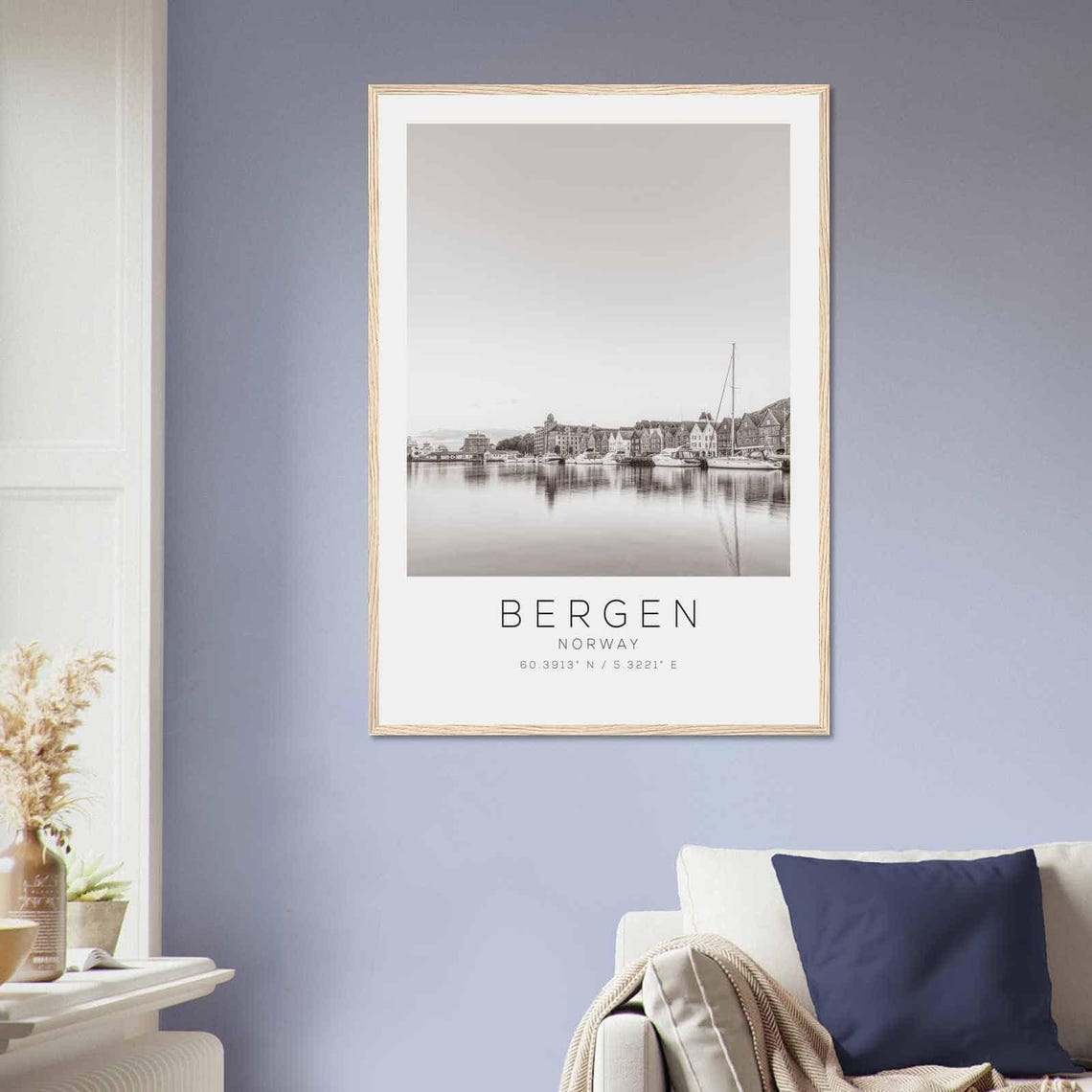 Bergen Norway Harbor Reflection Black White Minimalist Poster - Image 2