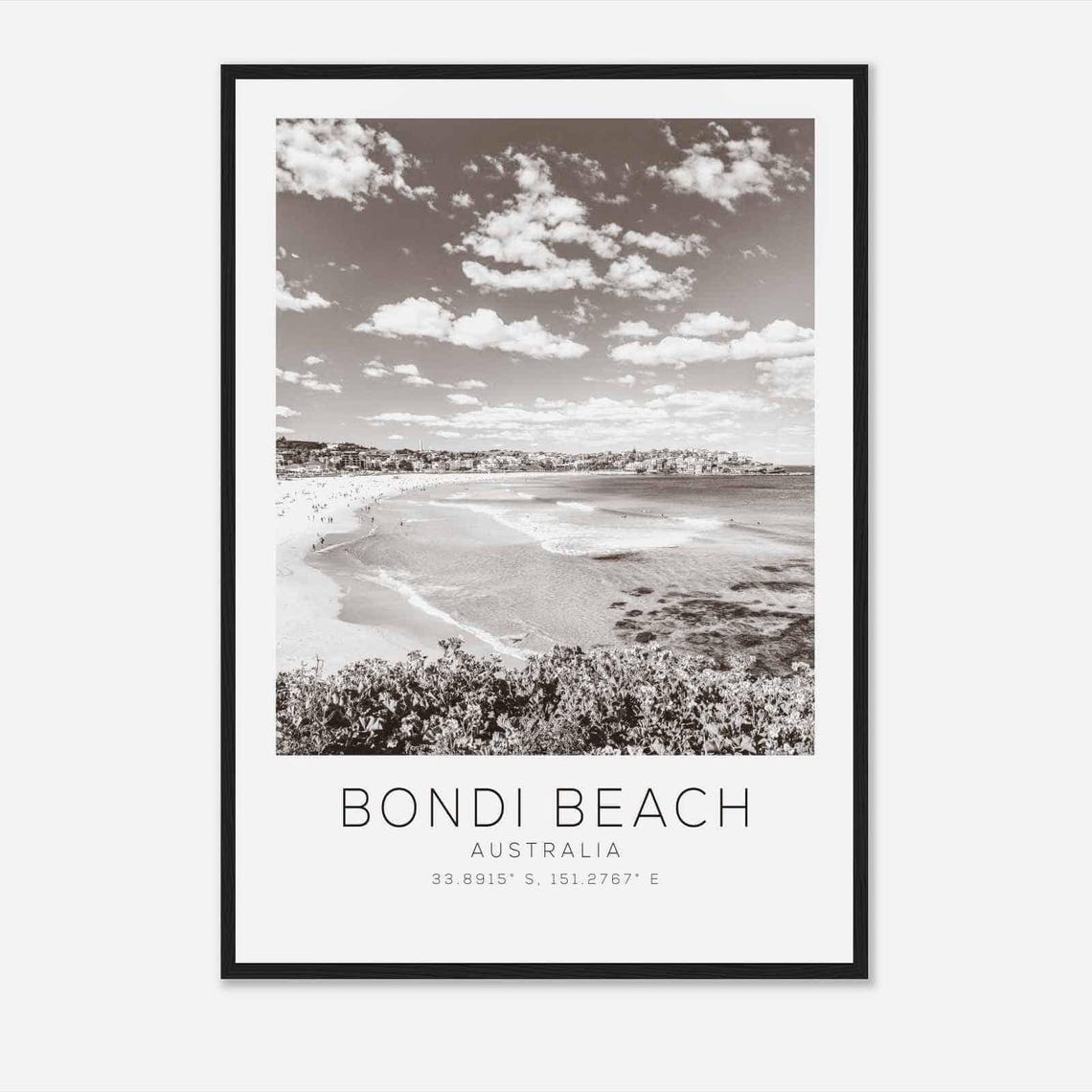 Bondi Beach Australia Crescent Shoreline Black White Photo Poster
