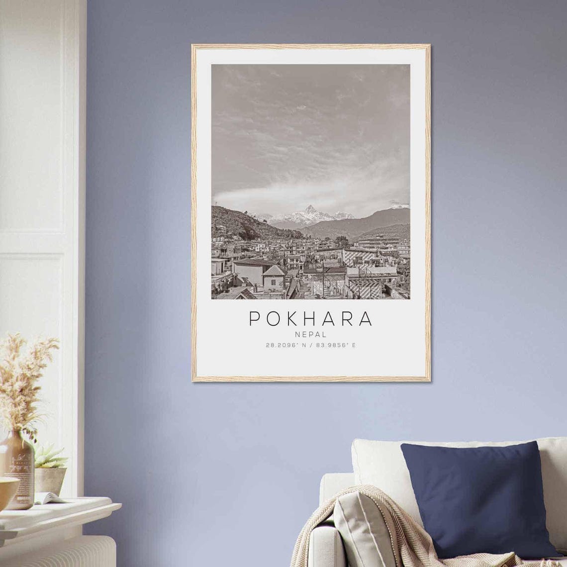Pokhara Nepal Himalaya Mountains Town View Black and White Poster - Image 2
