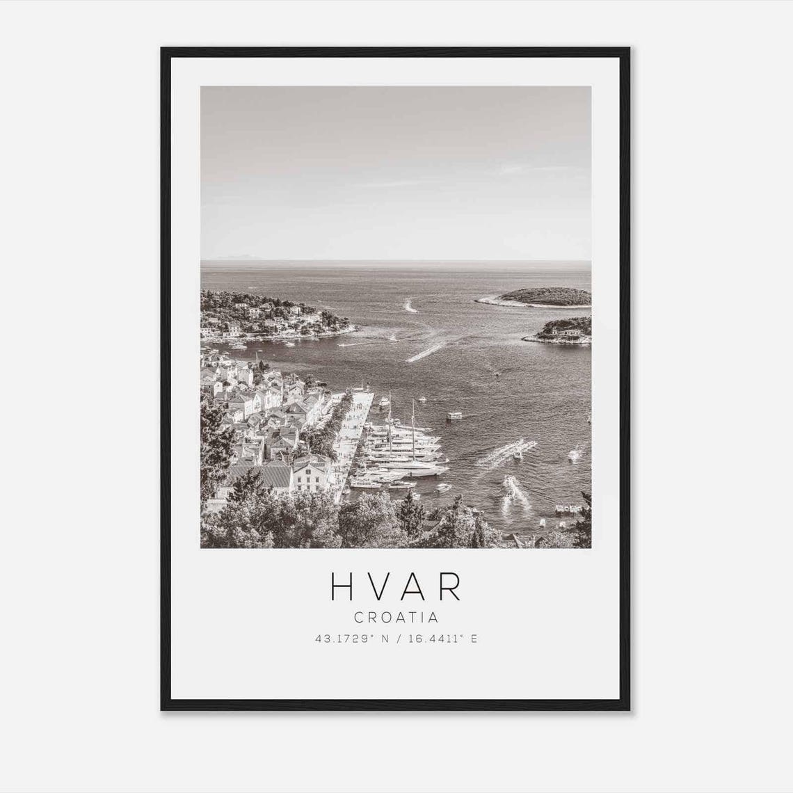Hvar Croatia Black and White Harbor Marina Sea View Travel Poster