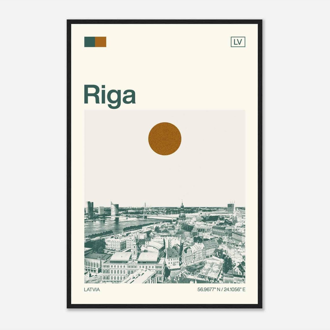 Riga Latvia Old Town River Bridges Skyline Sun Duotone Travel Poster