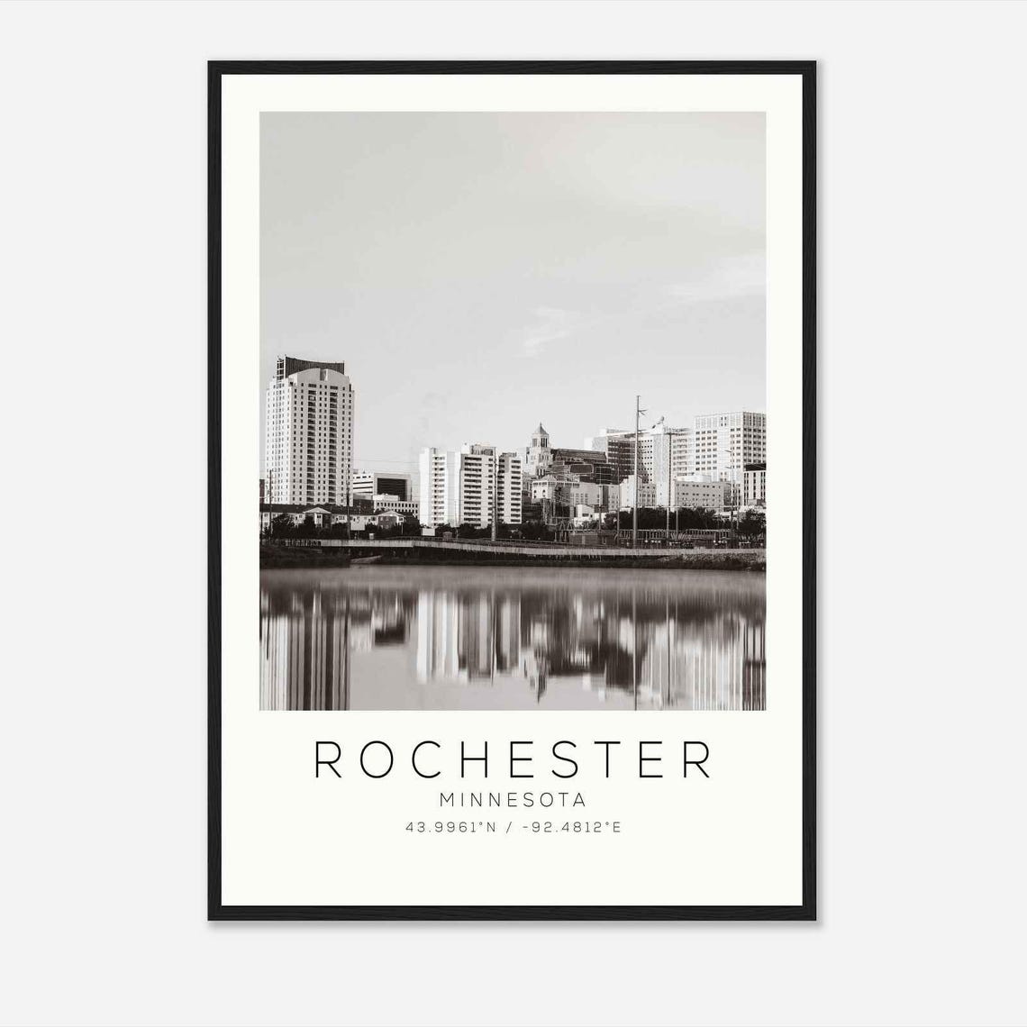 Rochester Minnesota Skyline Lake Reflection Black and White Poster