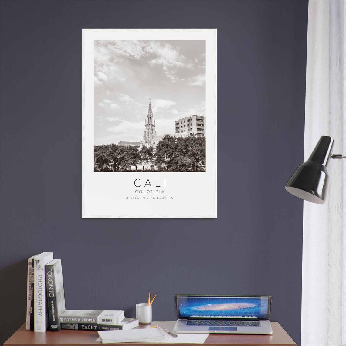 Cali Colombia Gothic Church Spire Skyline Black and White Travel Poster - Image 3
