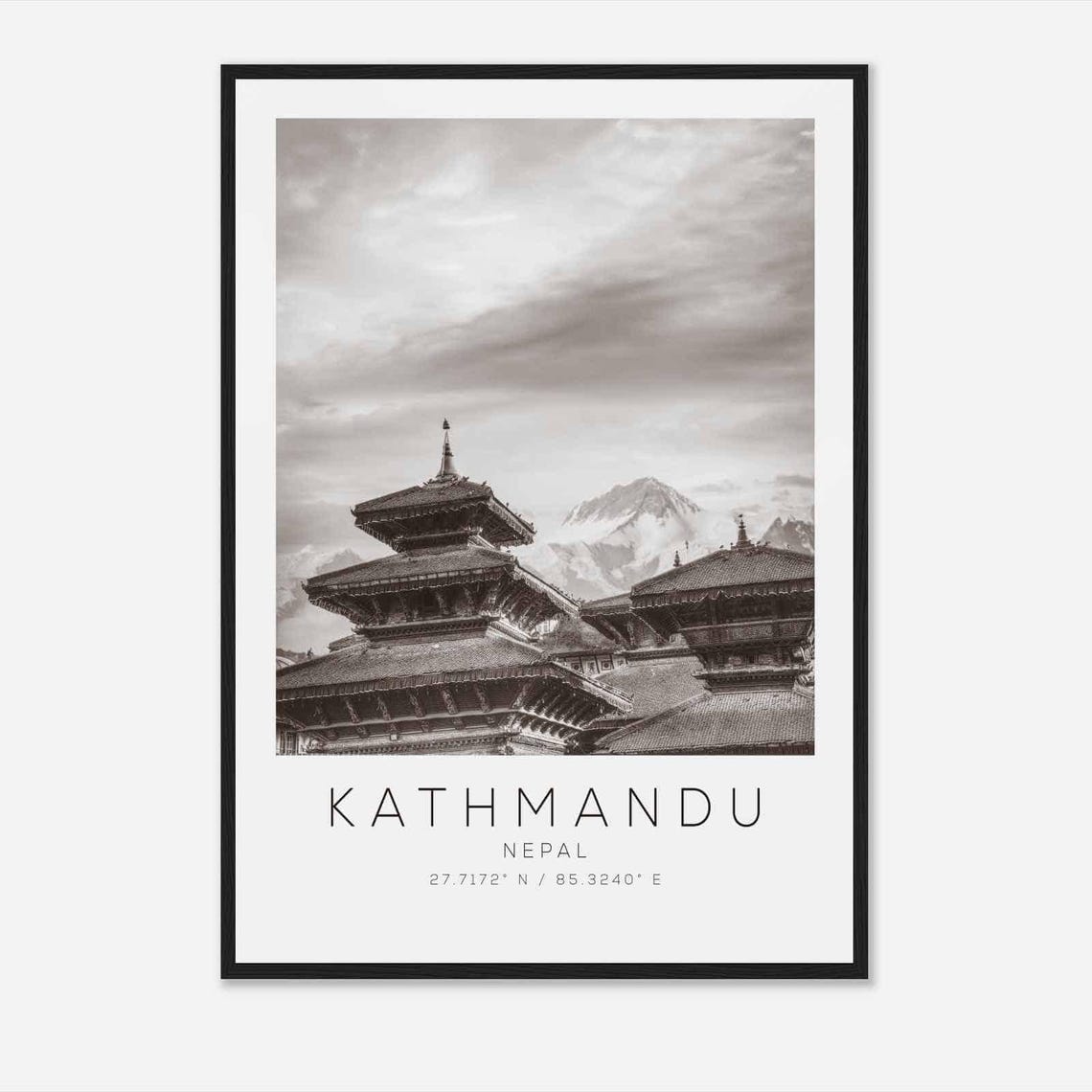 Kathmandu Nepal Black White Pagoda Temples Mountain View Poster