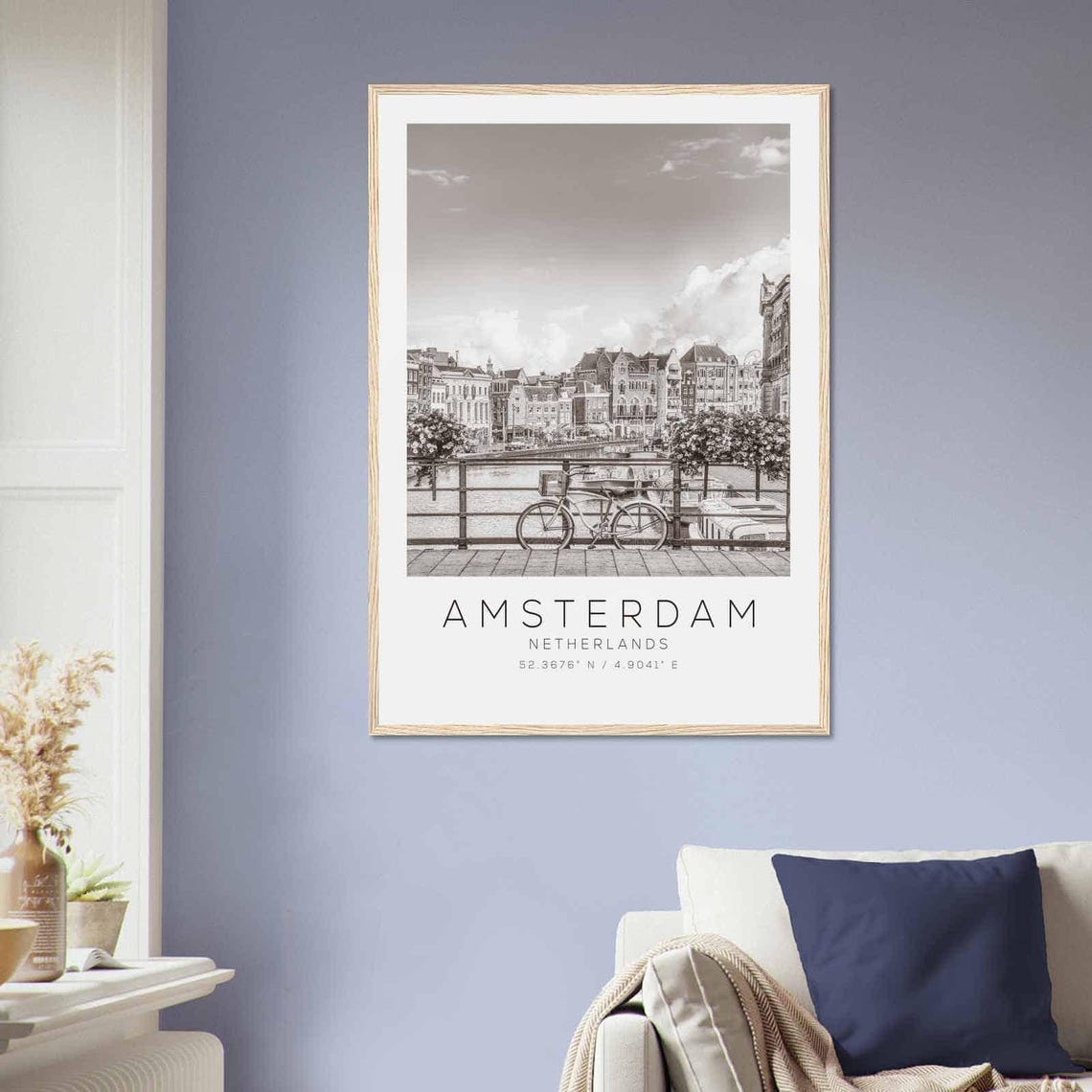 Amsterdam Netherlands Black White Canal Bicycle Bridge Travel Poster - Image 2