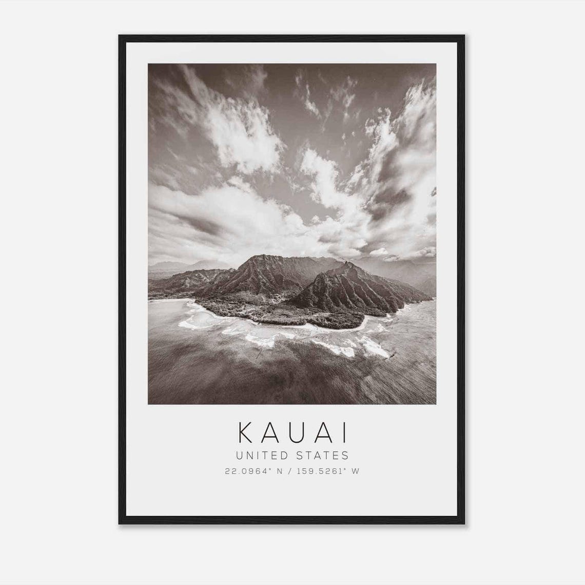 Kauai Hawaii Black White Mountain Coast Aerial Ocean View Poster