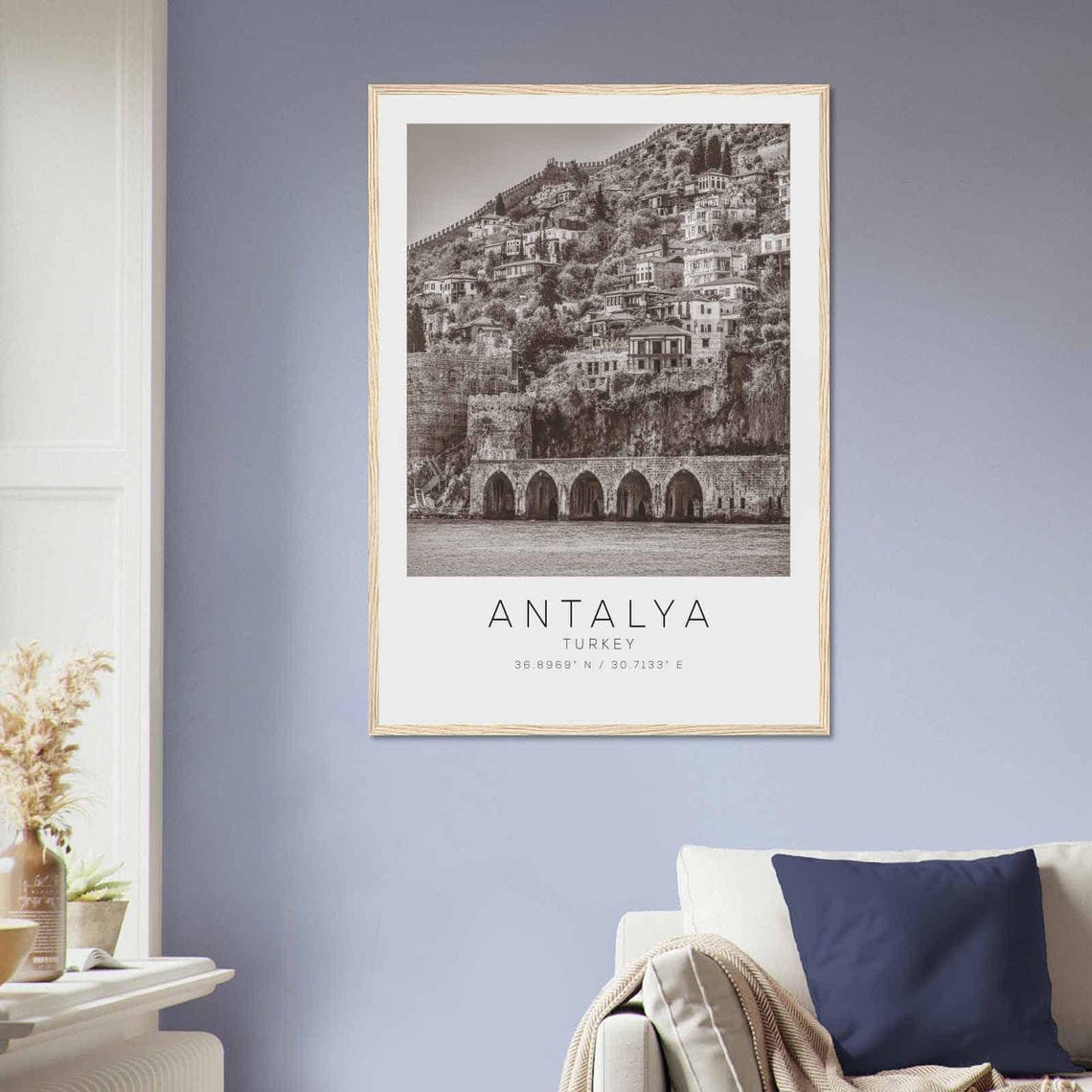 Antalya Turkey Black White Old Town Harbor Arches Travel Poster - Image 2
