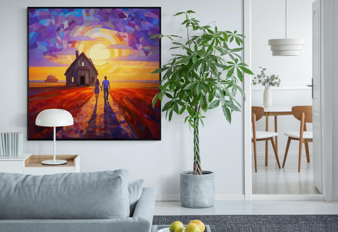 Stained Glass Couple at Sunset Barn Romantic Mosaic Art Poster - Image 3