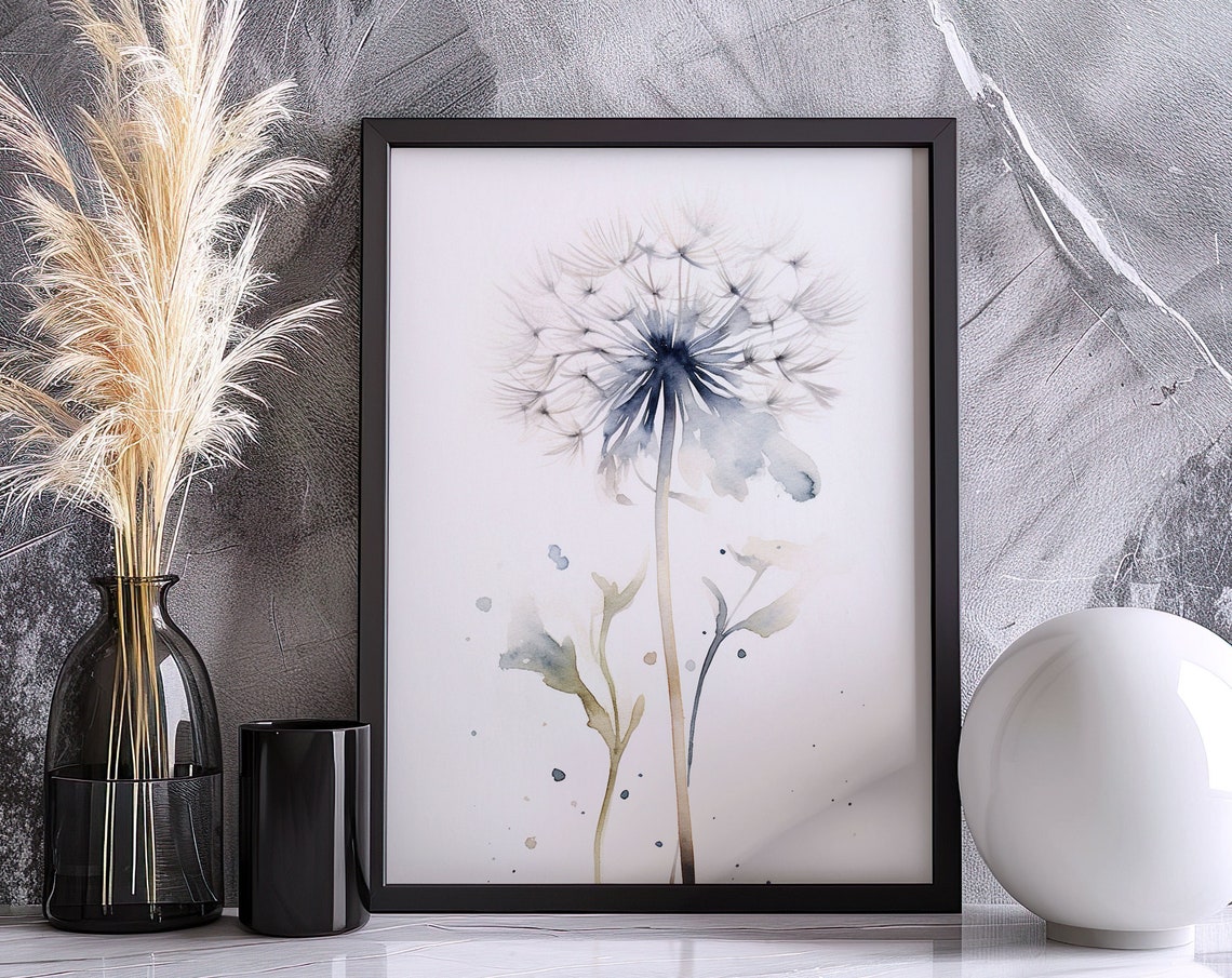 Delicate Dandelion Seed Head Blue Watercolor Botanical Art Poster