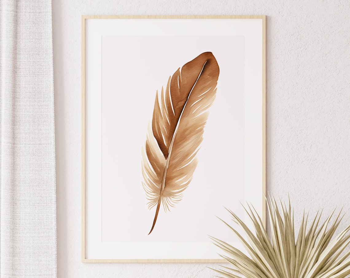 Brown Feather Watercolor Warm Neutral Modern Minimalist Wall Art