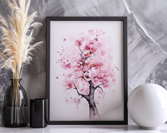 Full Cherry Blossom Tree Pink Watercolor Splatter Art Poster