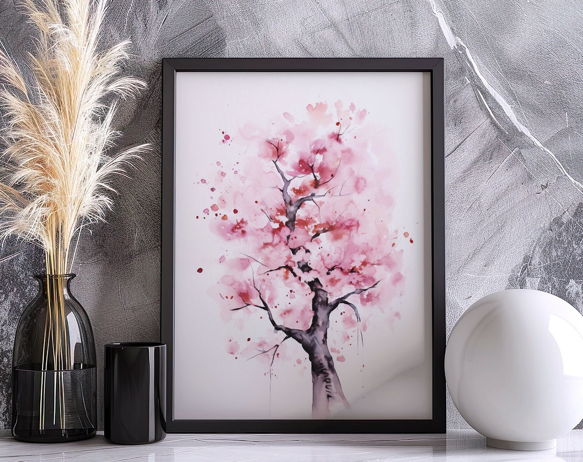 Full Cherry Blossom Tree Pink Watercolor Splatter Art Poster
