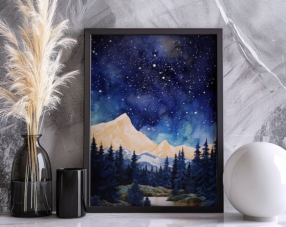 Milky Way Starry Night Sky Over Pine Mountains Watercolor Poster