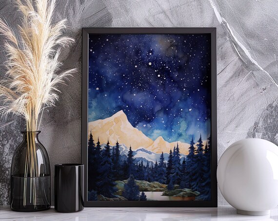 Milky Way Watercolor Painting Starry Night Sky Print Wall Art Poster Colorful Mountain Forest Landscape Illustration Minimalist