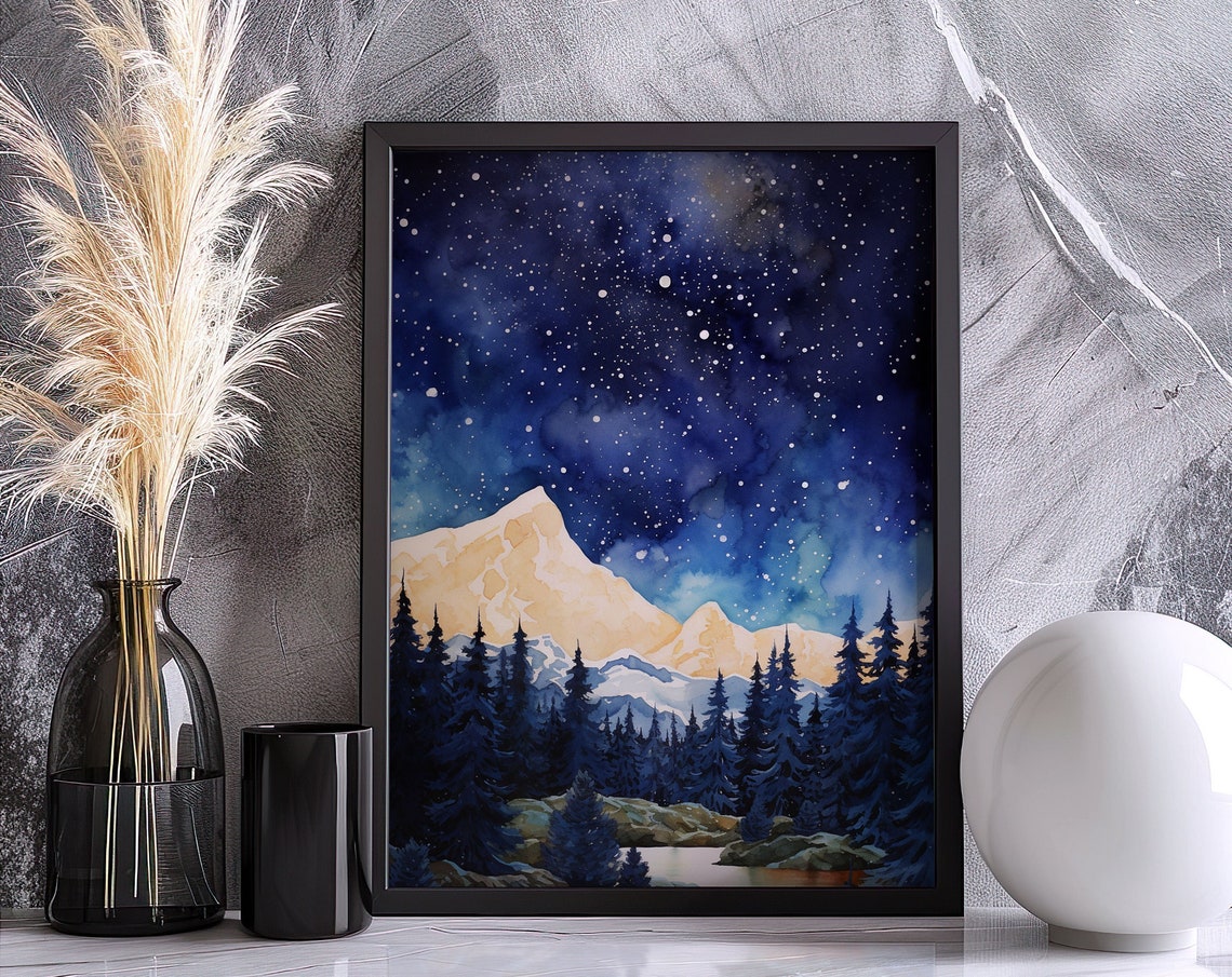 Milky Way Starry Night Sky Over Pine Mountains Watercolor Poster