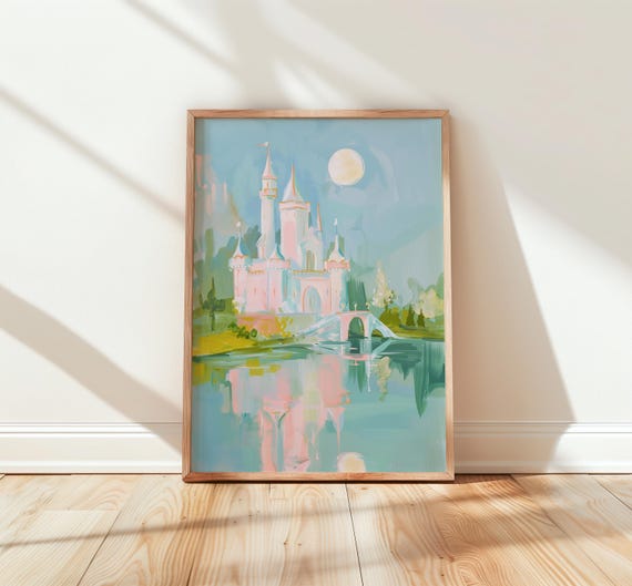 Enchanting Castle By Moonlit Lake Dreamy Watercolor Fantasy Art Magical Fairytale Scene Boho Nursery Decor Wall 232