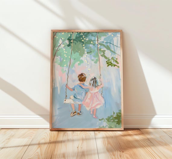 Watercolor Kids On Swing Under Fairy Lights Nostalgic Wall Art For Boho Nursery Childhood Memories Decor Whimsical 244