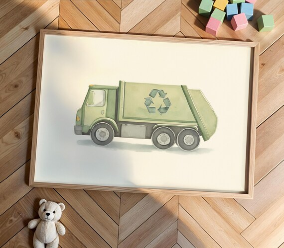 Green Garbage Truck Watercolor Kids Room Vehicle Nursery Art Poster