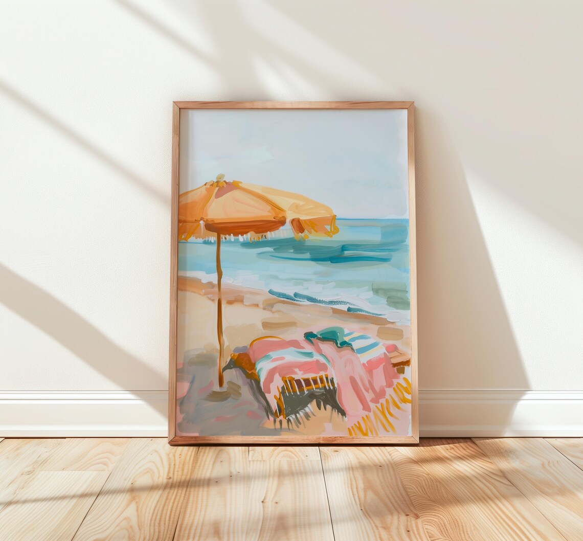 Orange Beach Umbrella and Pink Striped Towel by the Ocean Painting Poster