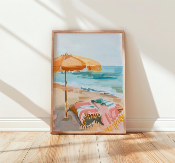 Orange Beach Umbrella and Pink Striped Towel by the Ocean Painting Poster