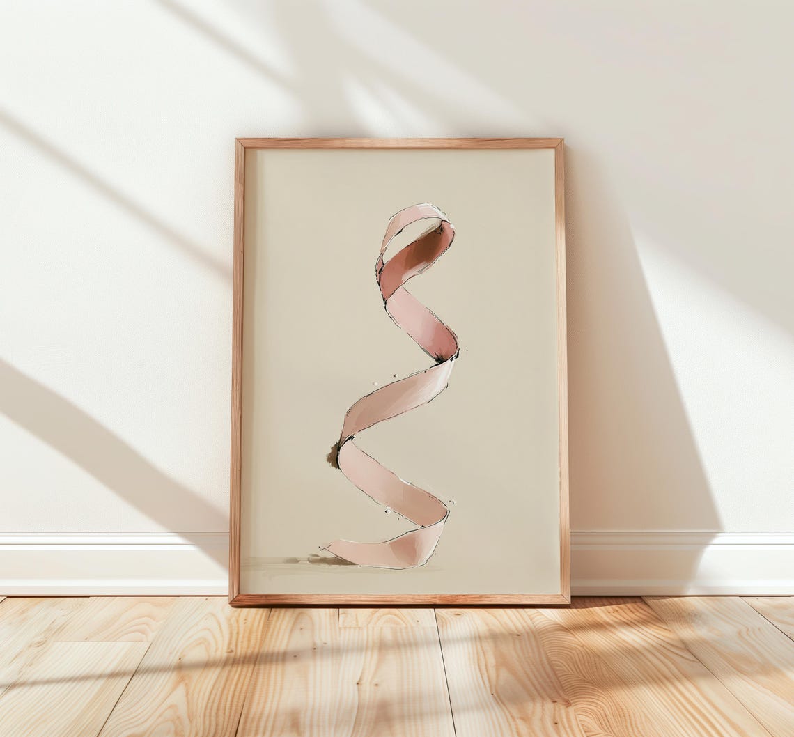 Flowing Satin Ribbon Line Art Minimalist Blush Abstract Wall Poster