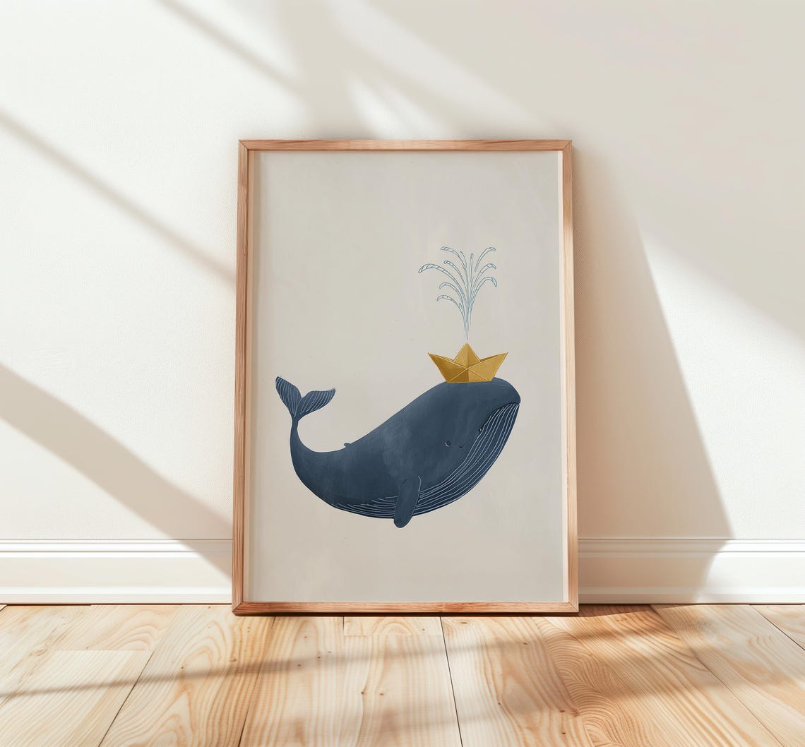 Navy Whale Carrying a Gold Paper Boat Cute Nursery Ocean Print