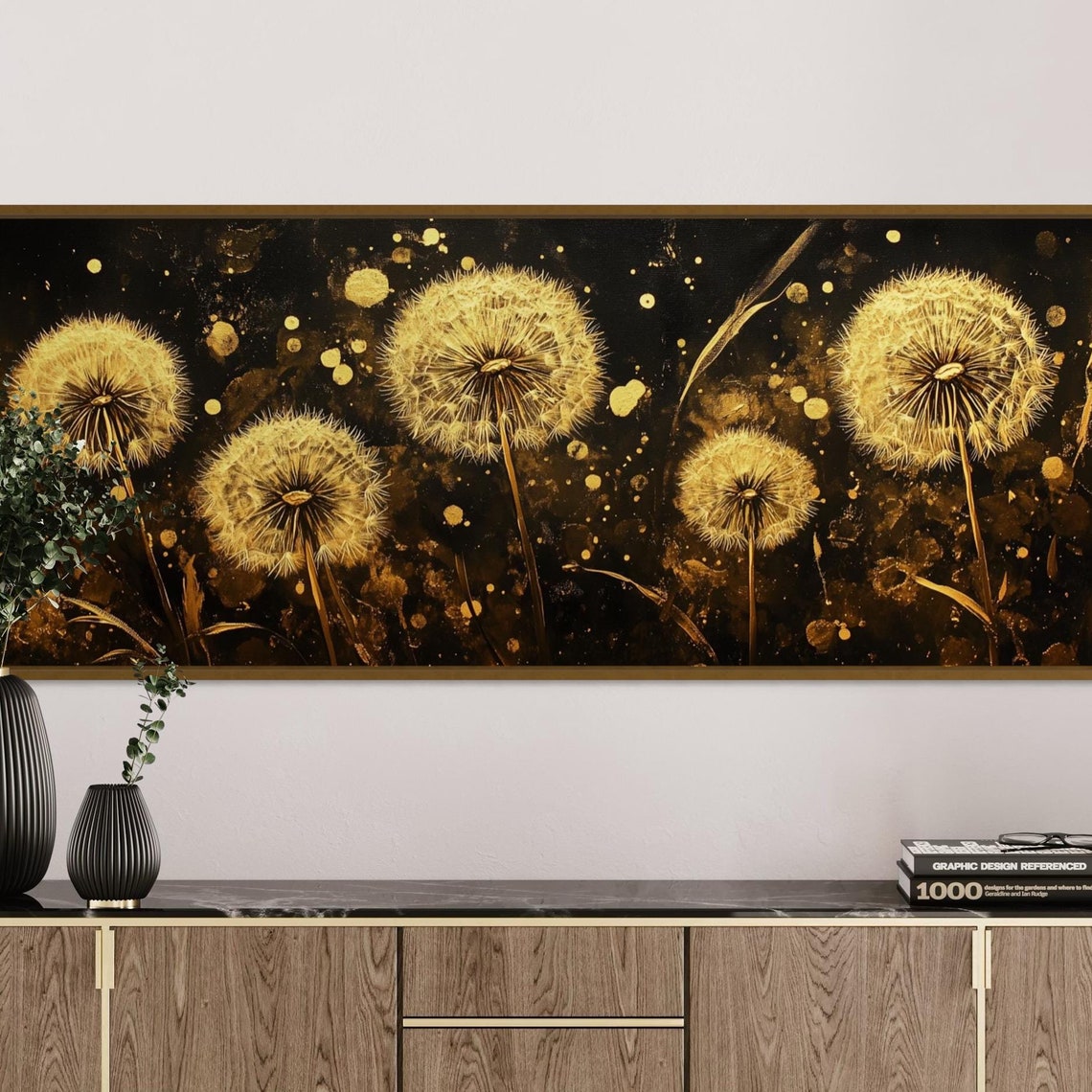 Golden Dandelion Seed Heads Black Background Elegant Panoramic Poster