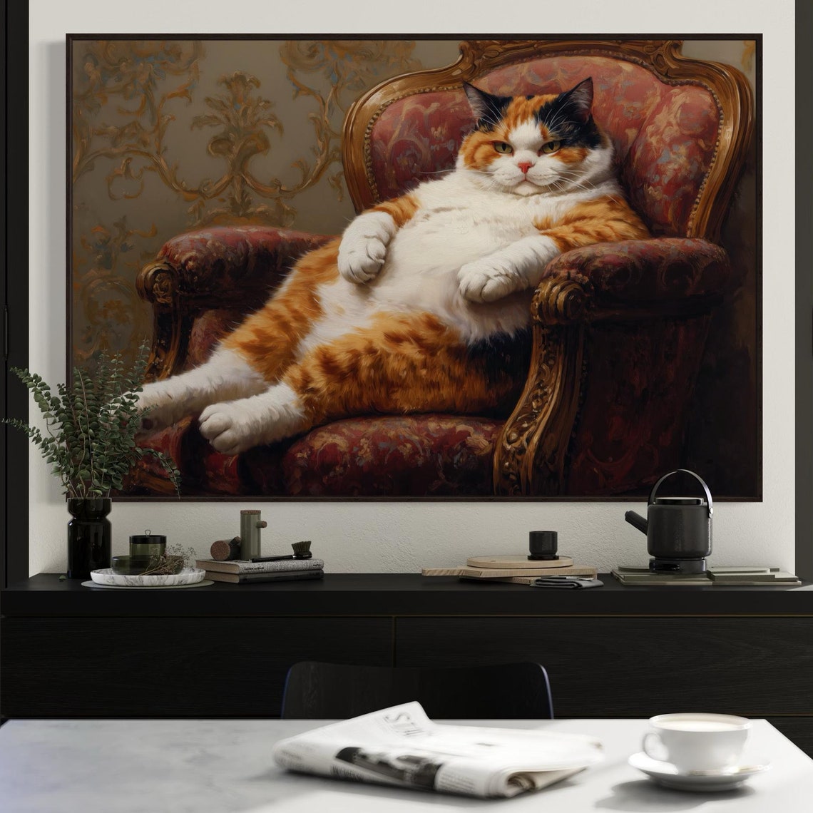 Chubby Calico Cat Lounging Ornate Victorian Chair Funny Pet Art Poster - Image 5