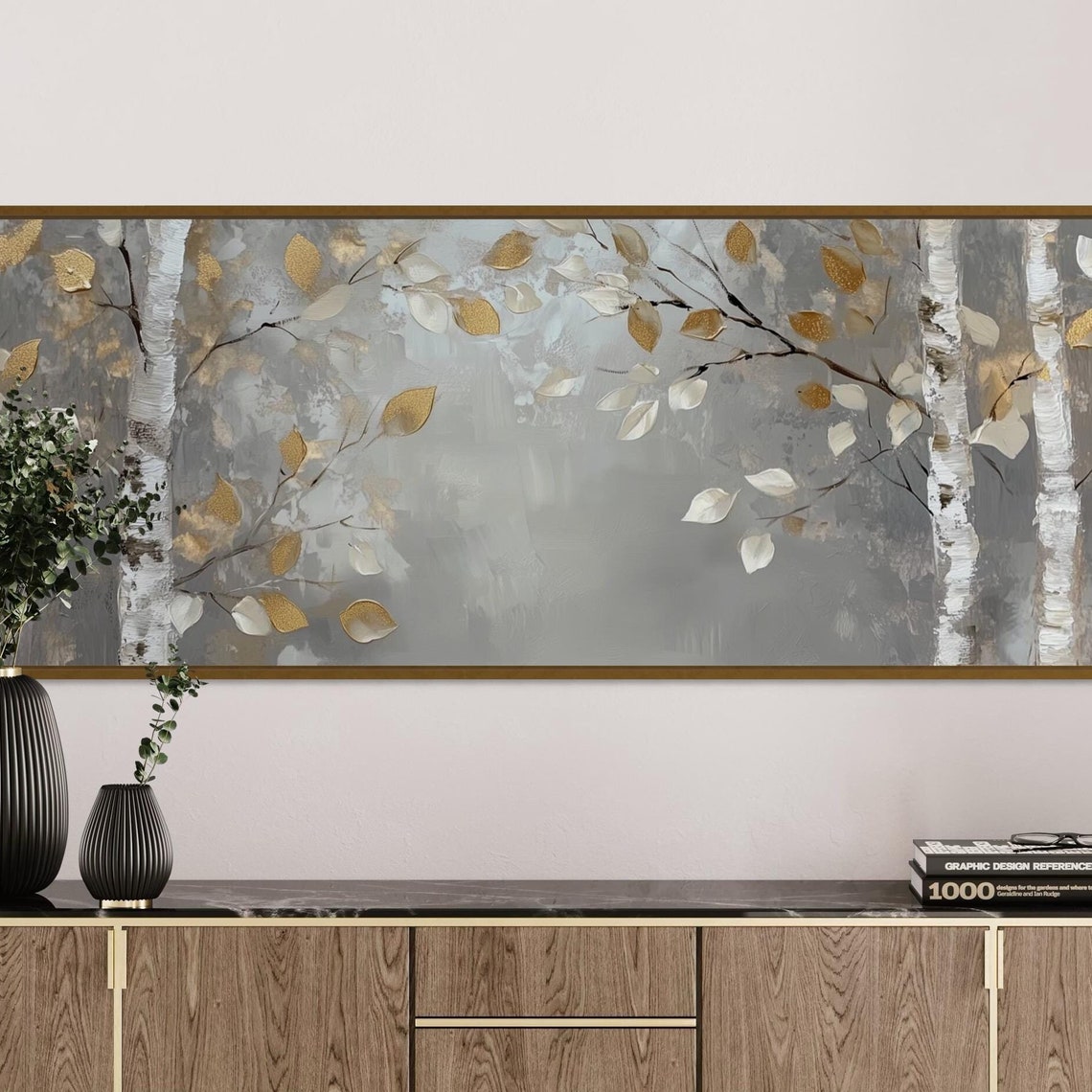 Birch Tree Gold White Leaves Misty Gray Panoramic Serene Forest Poster
