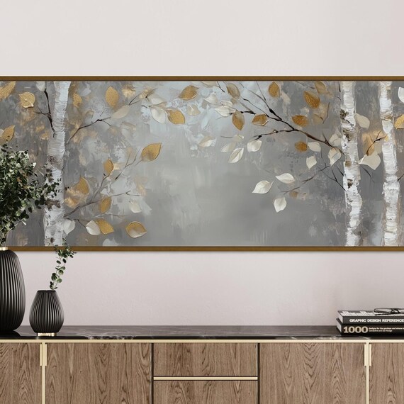 Birch Tree Wall Art Elegant Gold Accented Forest Modern Panoramic Print For Peaceful Bedroom Or Luxury Home Decor Accent