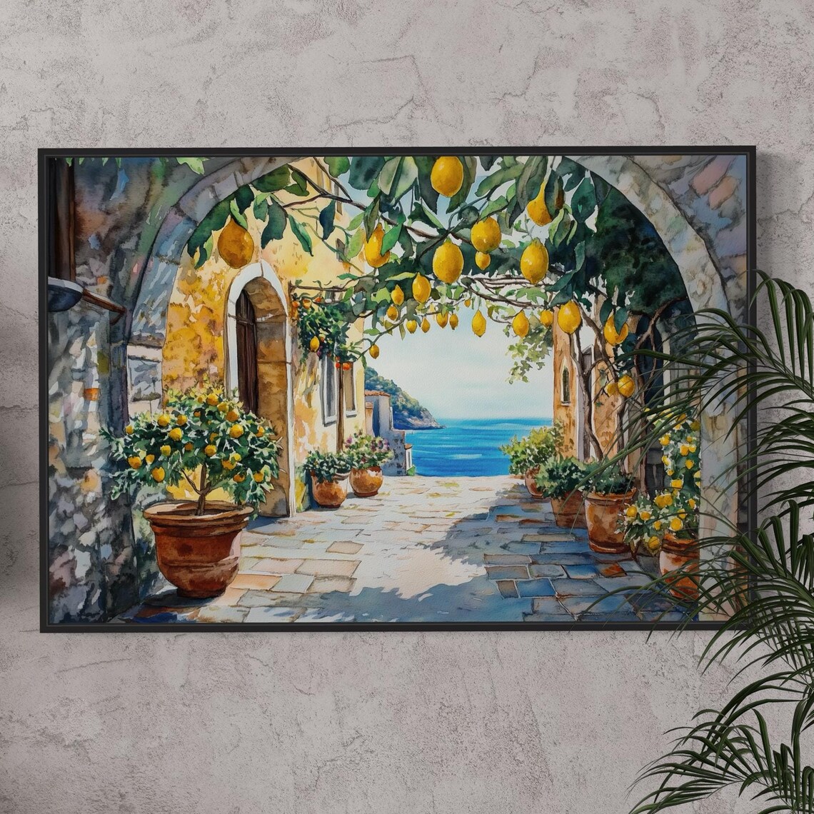 Italian Coastal Street Scene, Lemon Trees Art Print