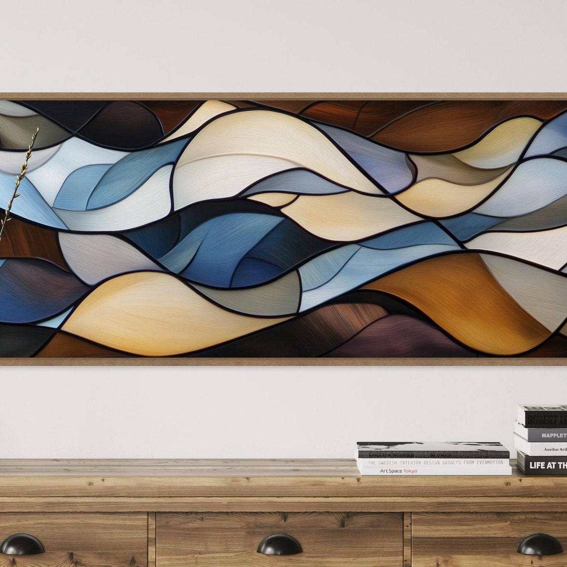 Blue Cream Abstract Waves Fluid Panoramic Stained Glass Style Poster - Image 4