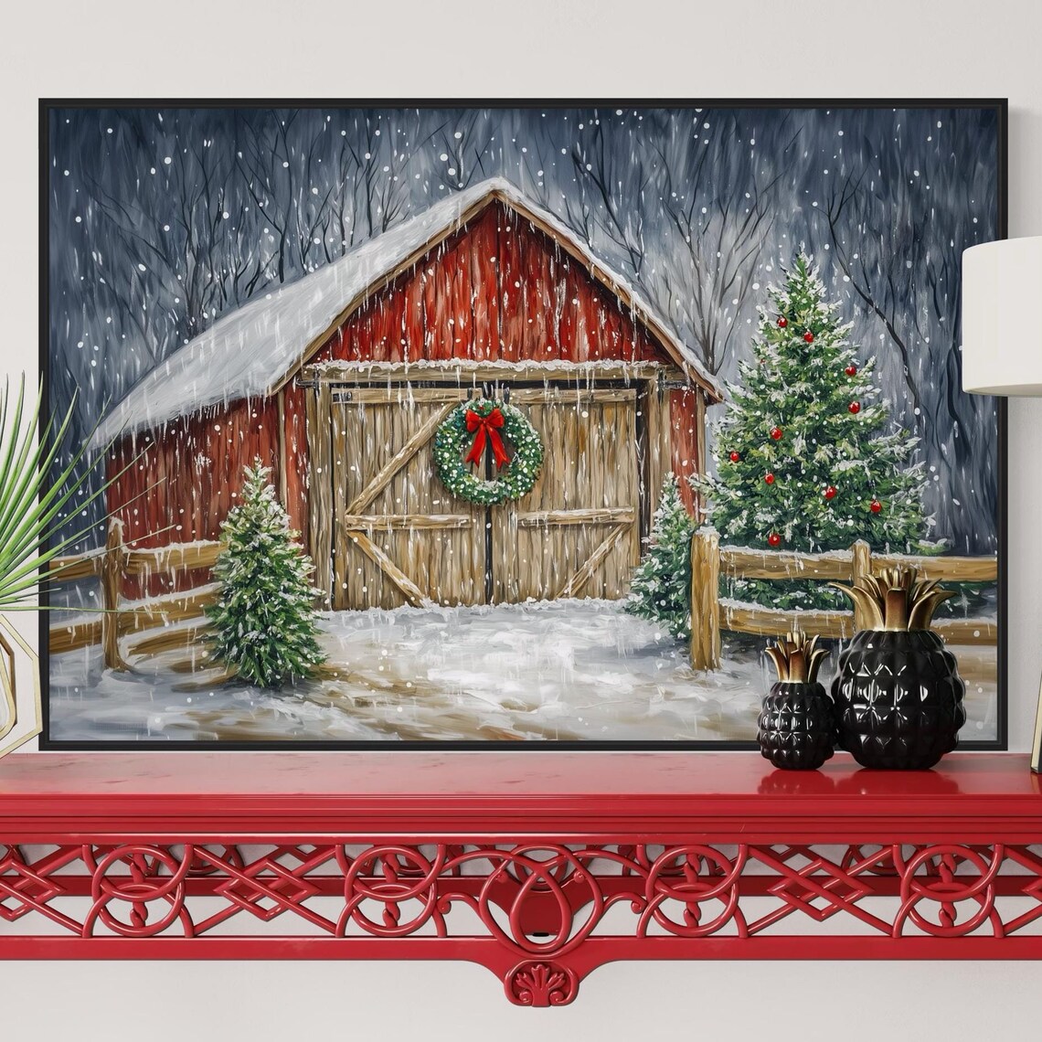 Rustic Red Barn Christmas Snowy Wreath Trees Holiday Farmhouse Print