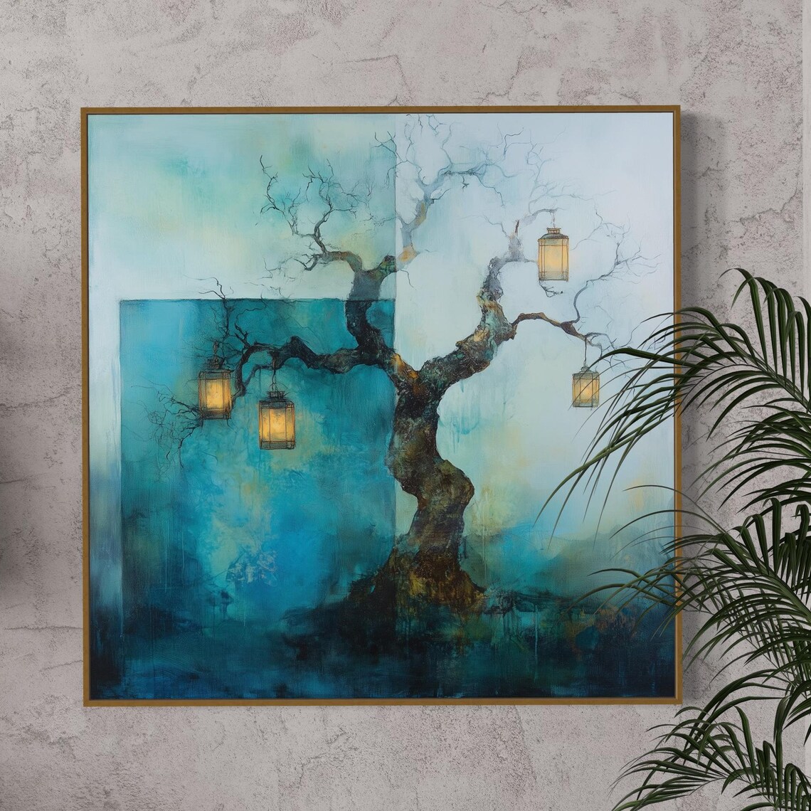 Mystical Lantern Tree Wall Art Abstract Tree Print With Glowing Lights Calming Surreal Artwork For Modern Home Or Above Bed Decor