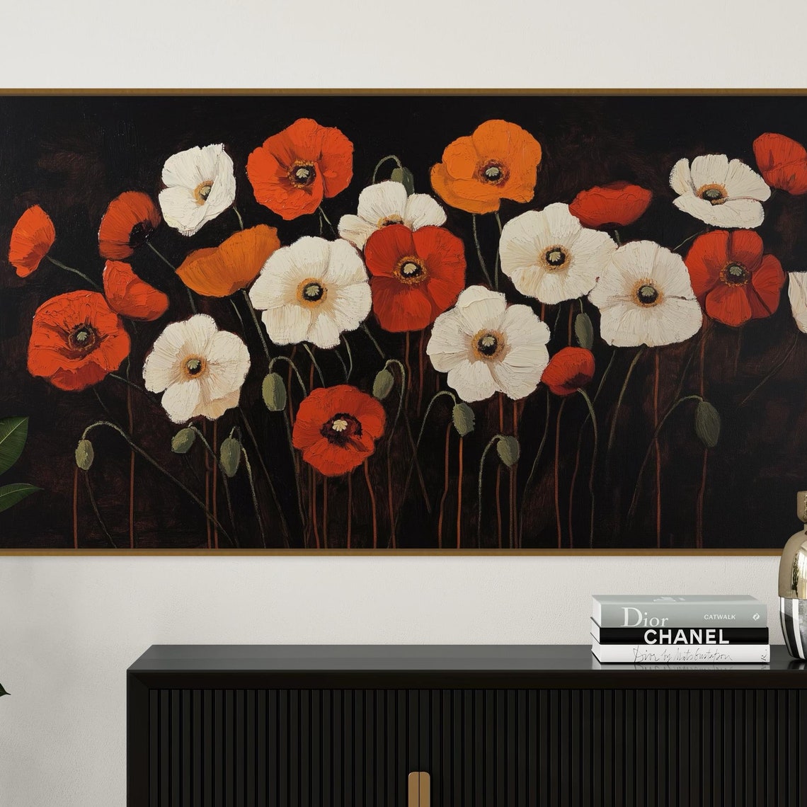 Red White Poppy Flowers Dark Background Panoramic Rustic Poster