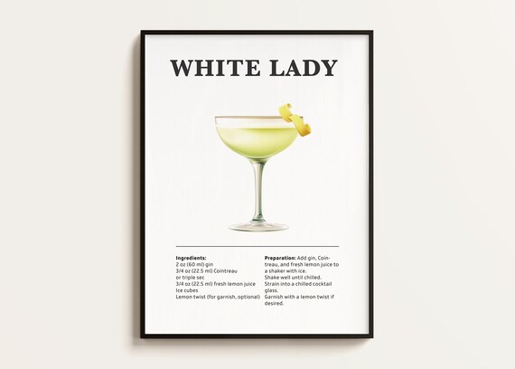 Classic White Lady Cocktail Recipe Poster with Lemon Twist Garnish