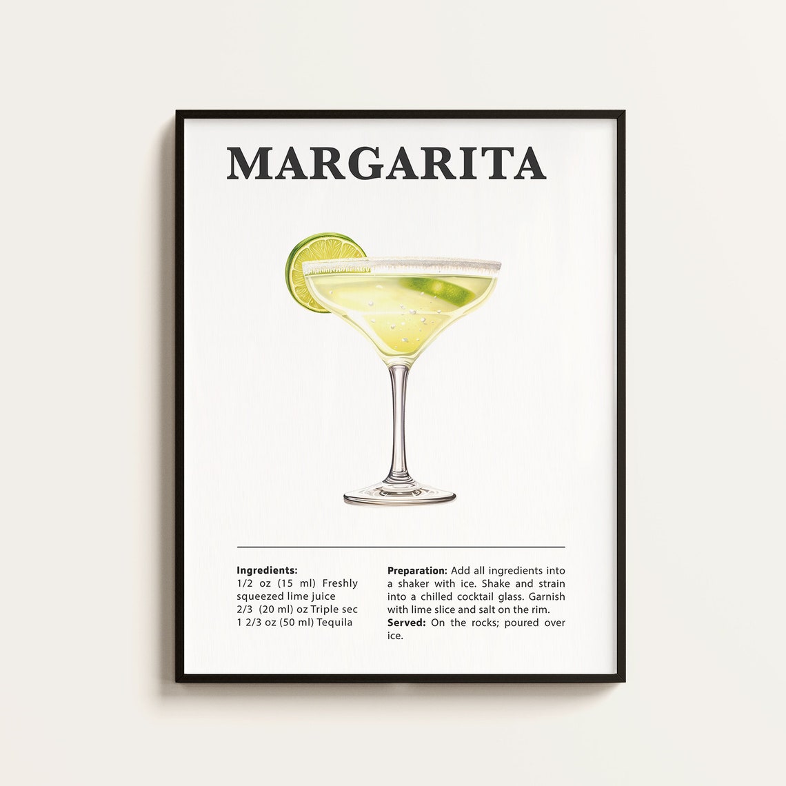 Margarita Recipe Cocktail Poster, Bar Kitchen Art