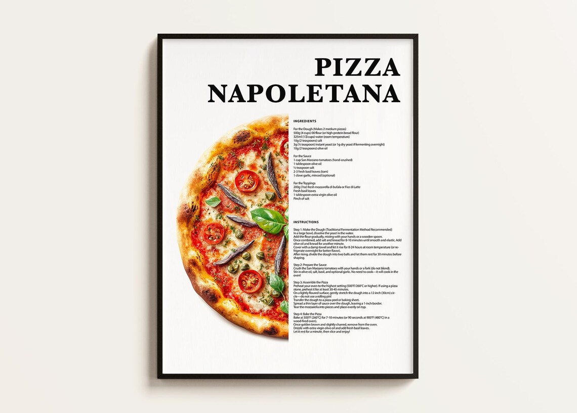 Pizza Napoletana Recipe Poster, Minimalist Italian Cuisine