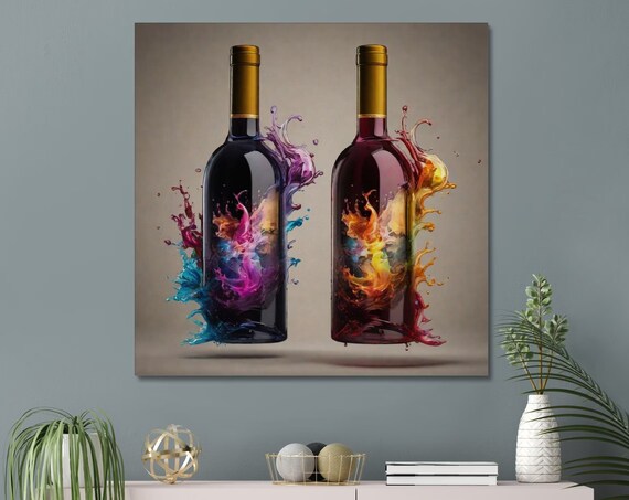 Two Wine Bottles Color Splash Explosion Abstract Kitchen Art Poster